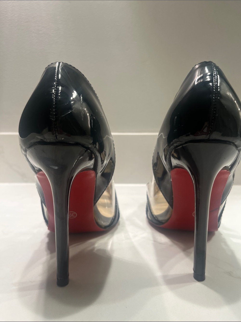 RED SOLES…Sexy Jojo Cat heels: black patent PVC stripe
